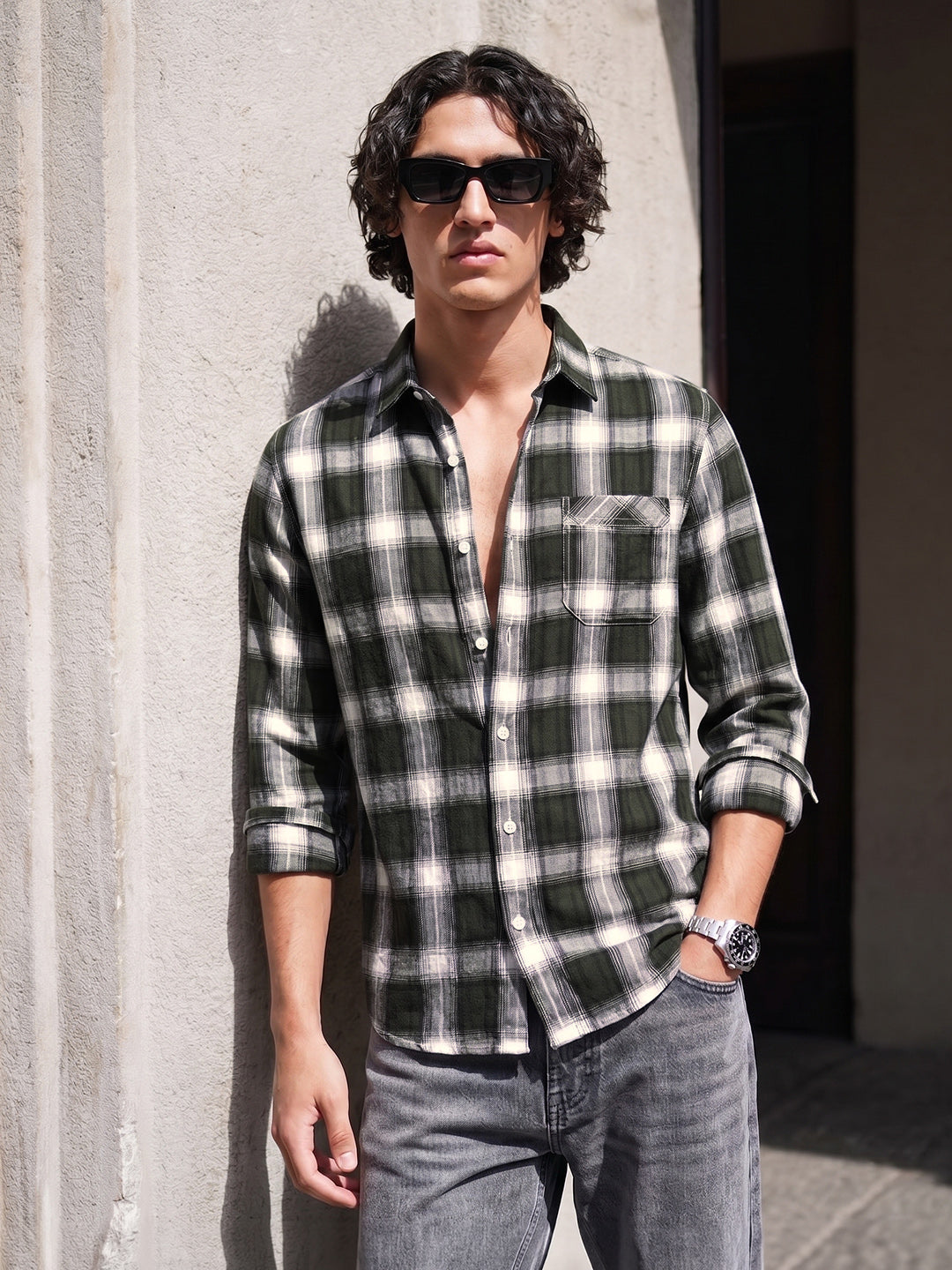 Men's Green Slim Fit Checkered Casual Shirt