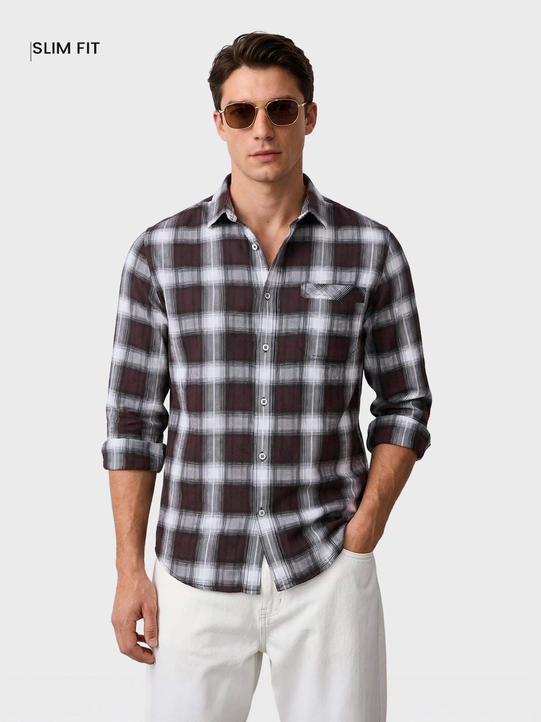 Men's Maroon Slim Fit Checkered Casual Shirt