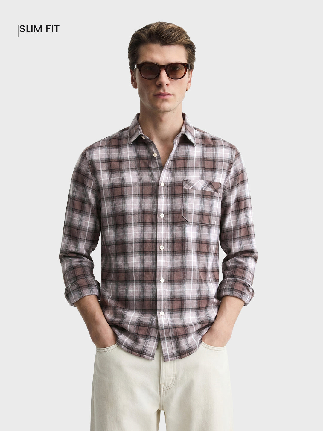 Men's Khaki Slim Fit Checkered Casual Shirt