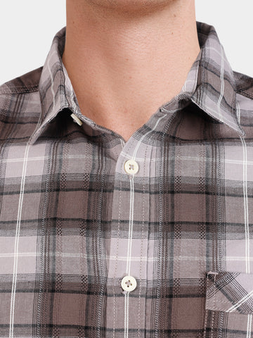 Men's Khaki Slim Fit Checkered Casual Shirt