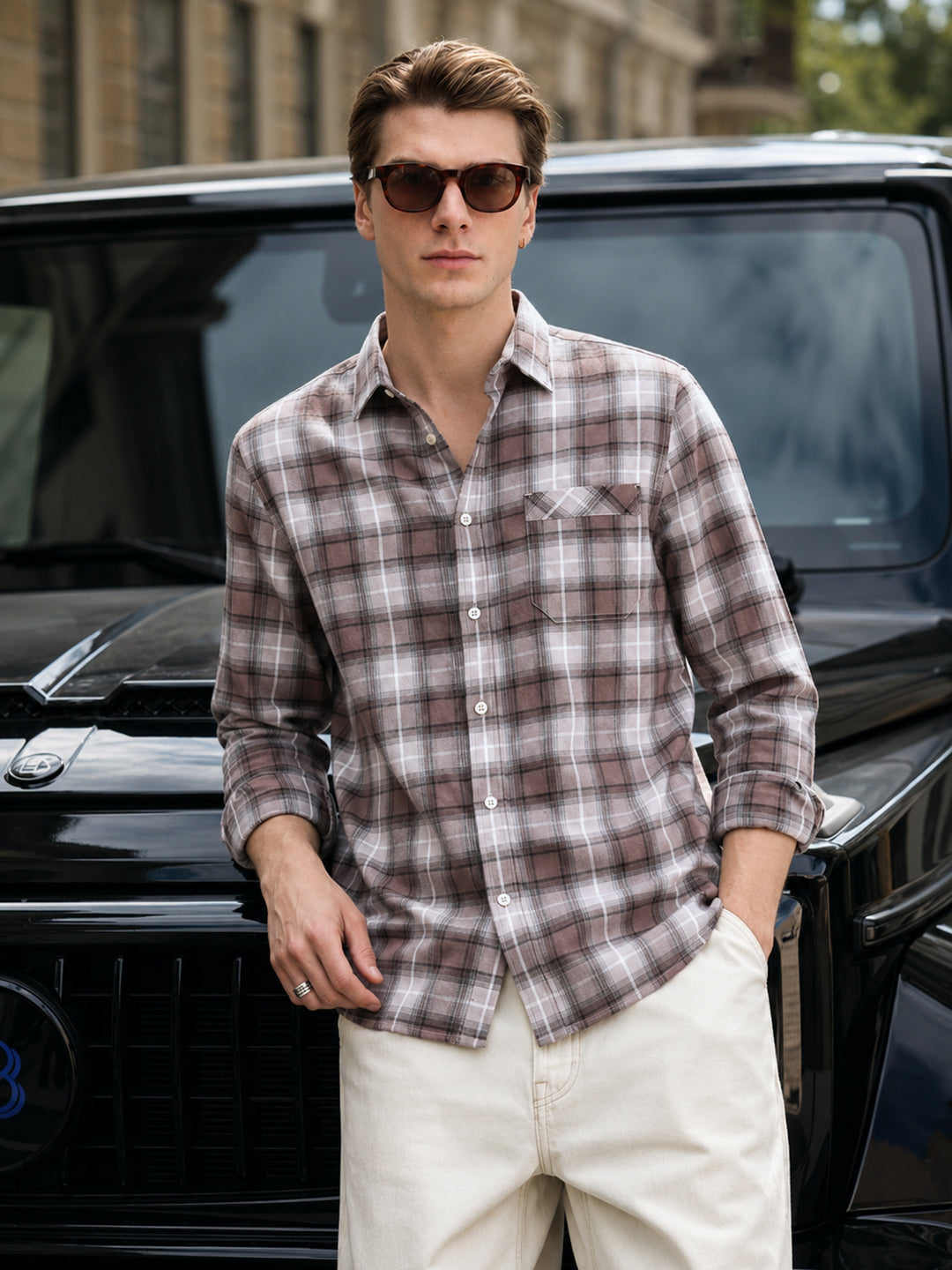 Men's Khaki Slim Fit Checkered Casual Shirt