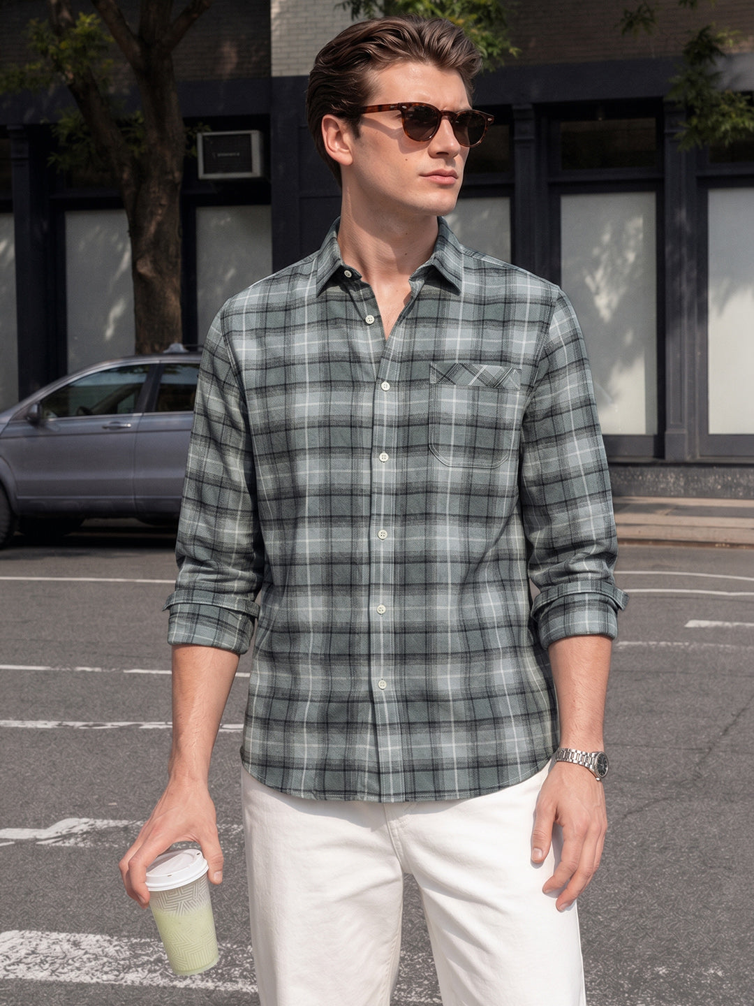 Men's Green Slim Fit Checkered Casual Shirt