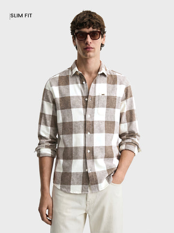 Men's Khaki Slim Fit Checkered Casual Shirt