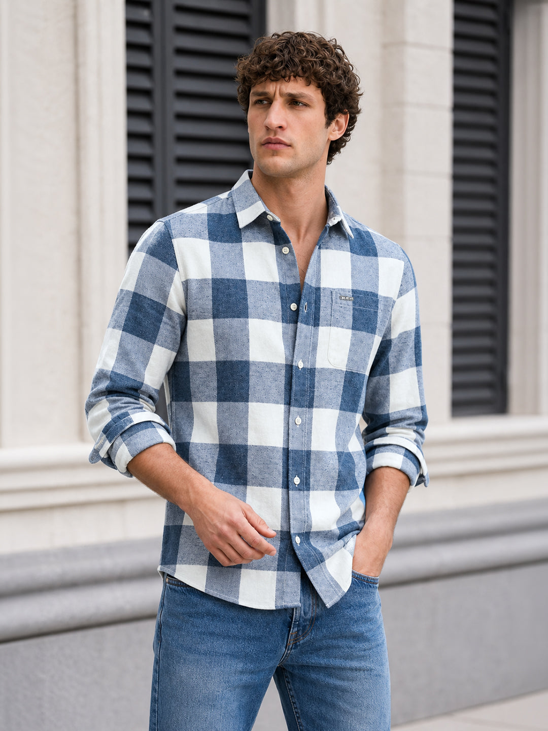 Men's Blue Slim Fit Checkered Casual Shirt