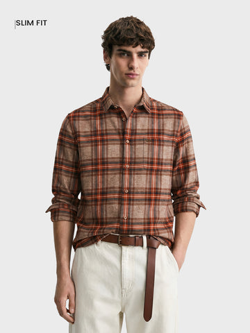 Men's Brown Slim Fit Checkered Casual Shirt