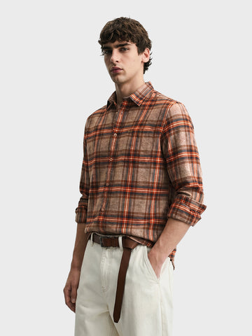 Men's Brown Slim Fit Checkered Casual Shirt