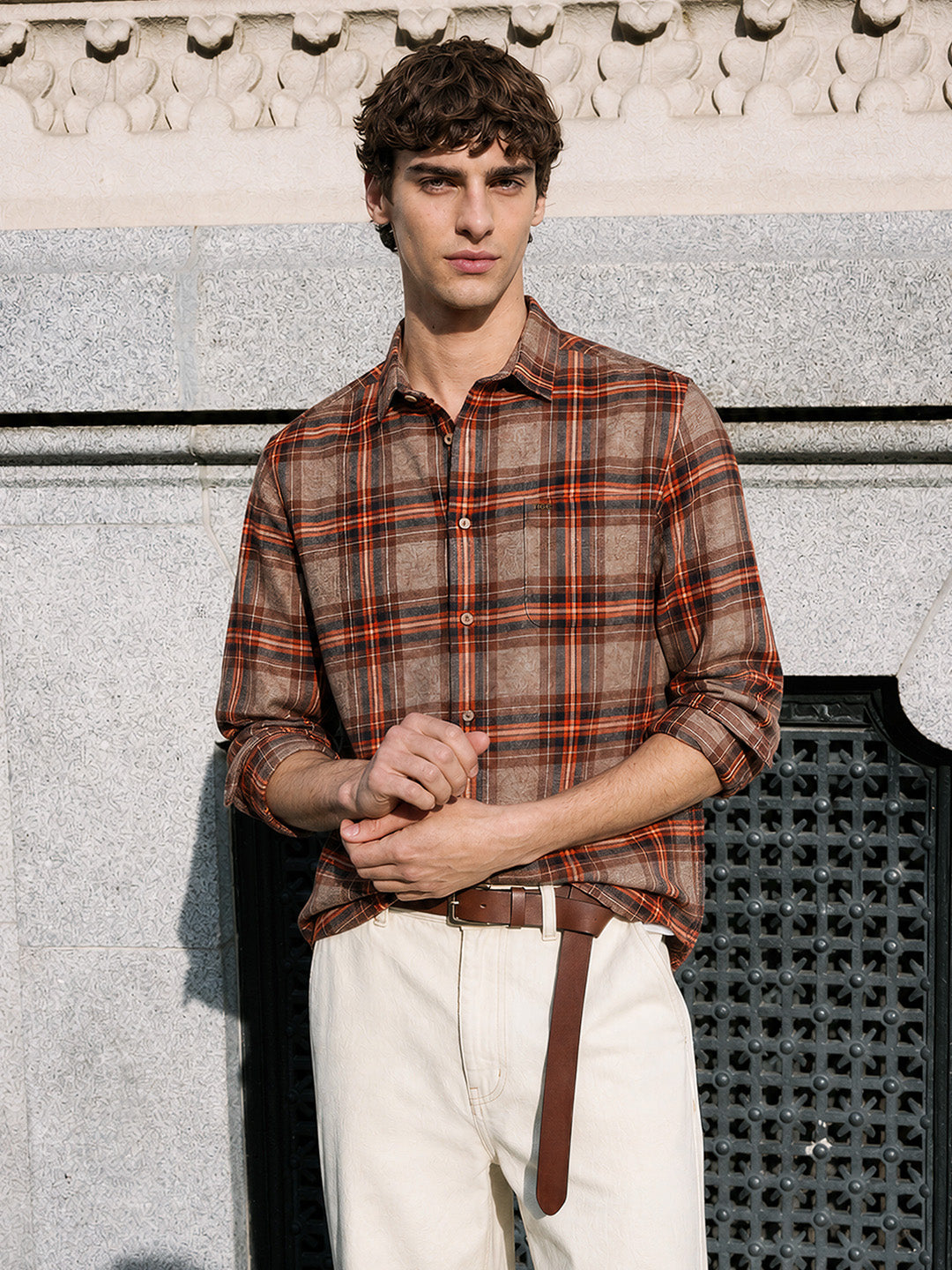 Men's Brown Slim Fit Checkered Casual Shirt