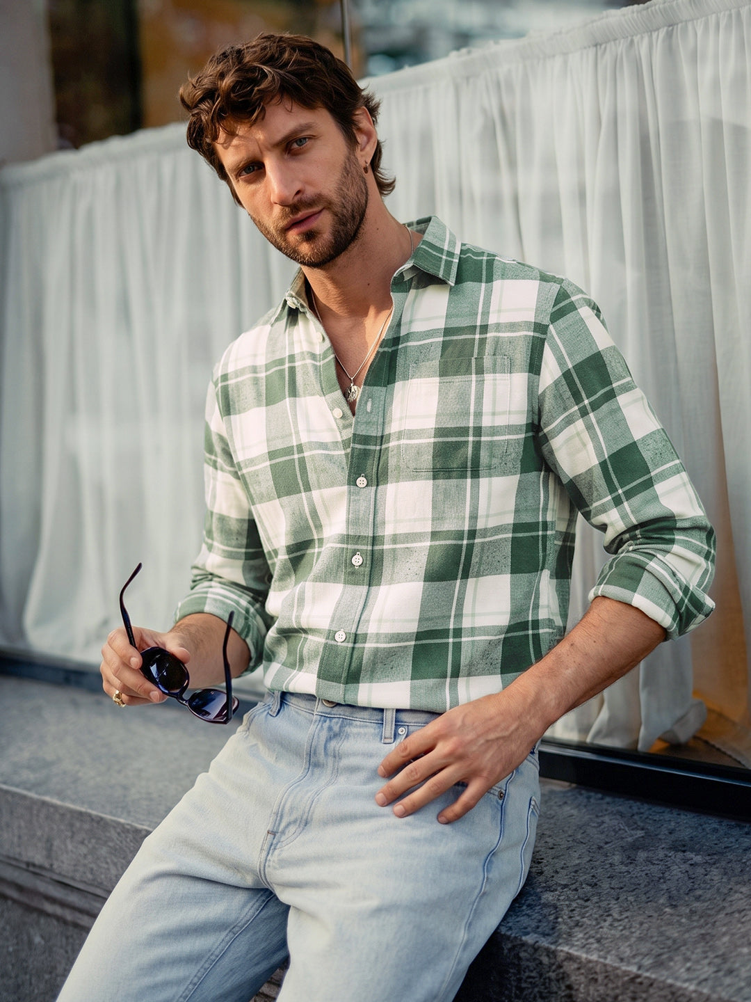 Men's Green Slim Fit Checkered Casual Shirt