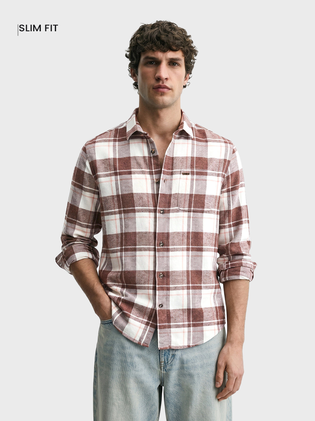 Men's Brown Slim Fit Checkered Casual Shirt