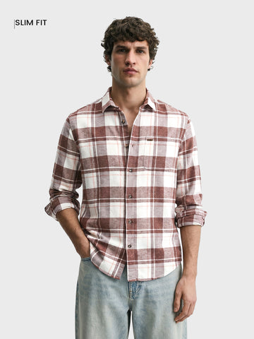 Men's Brown Slim Fit Checkered Casual Shirt