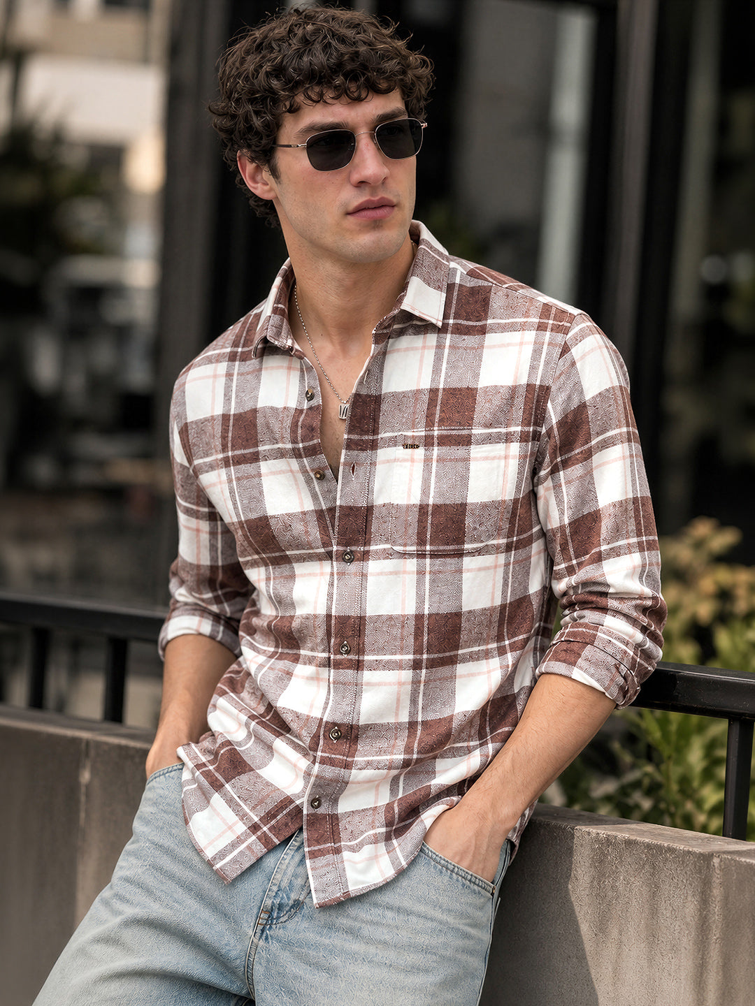 Men's Brown Slim Fit Checkered Casual Shirt