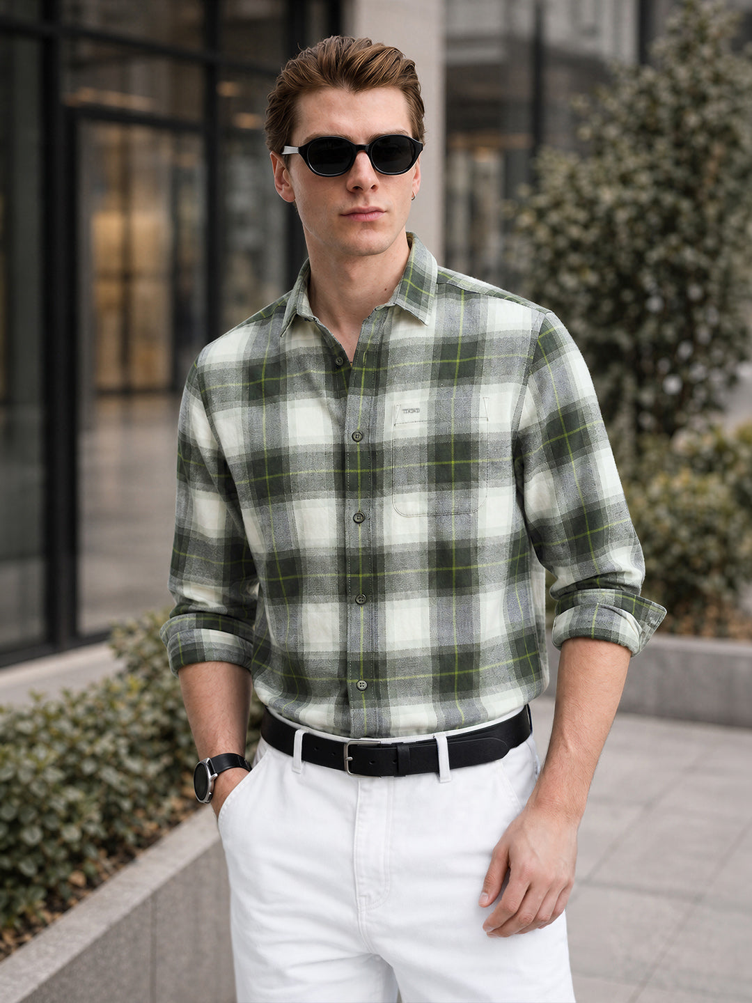 Men's Green Slim Fit Checkered Casual Shirt