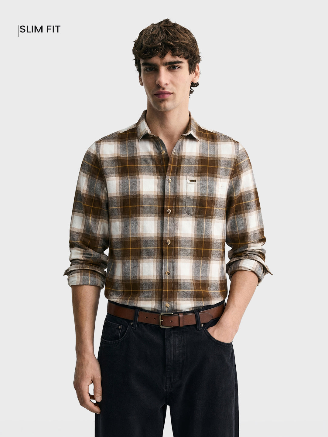 Men's Khaki Slim Fit Checkered Casual Shirt