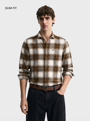 Men's Khaki Slim Fit Checkered Casual Shirt