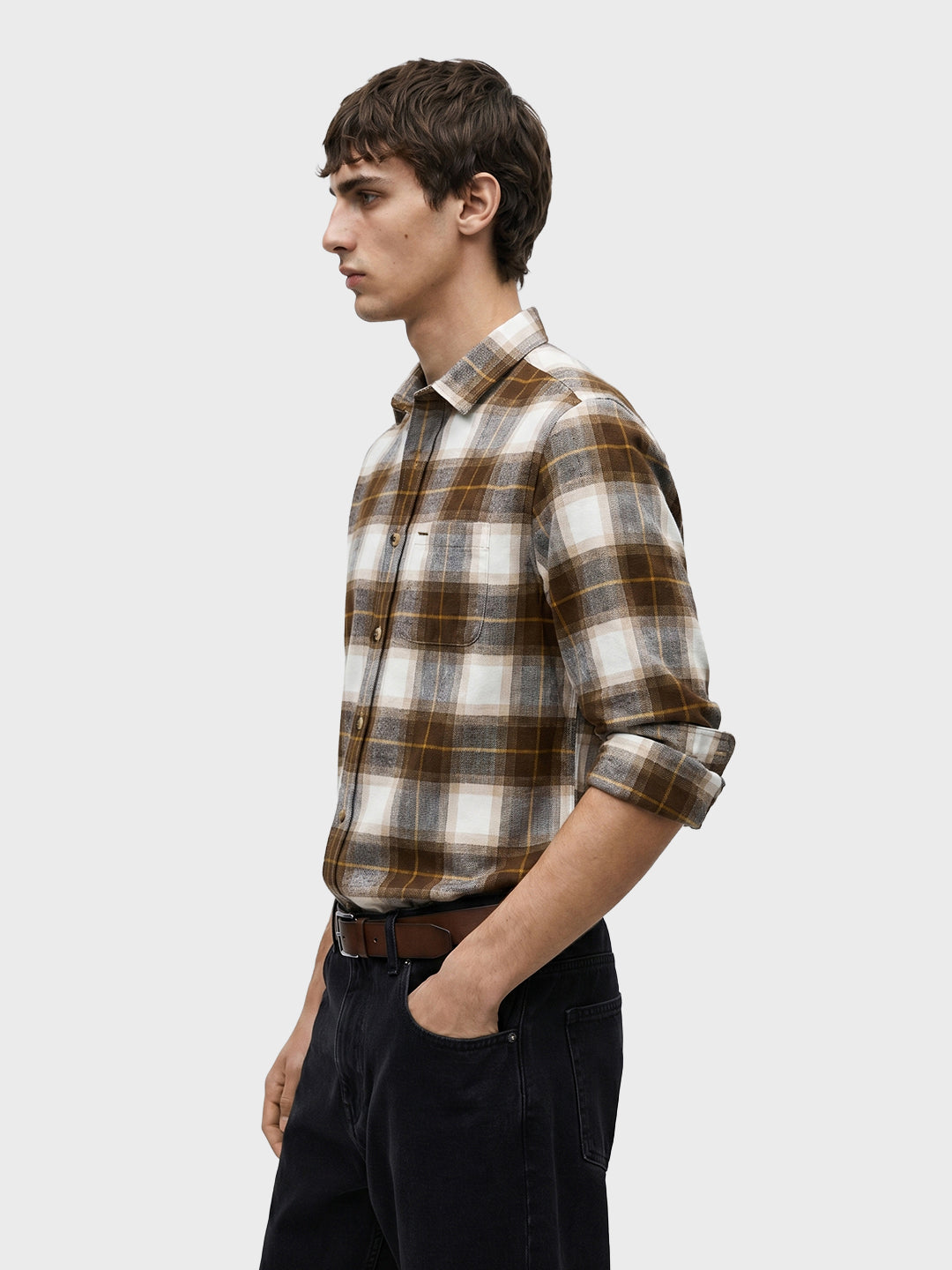 Men's Khaki Slim Fit Checkered Casual Shirt