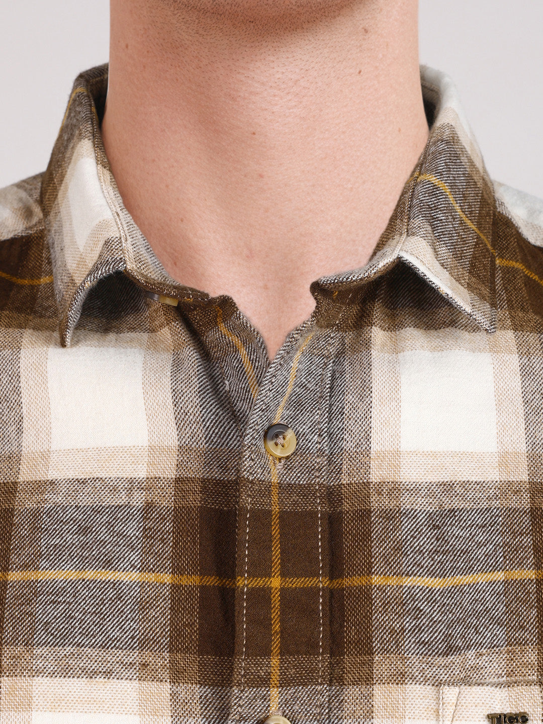 Men's Khaki Slim Fit Checkered Casual Shirt