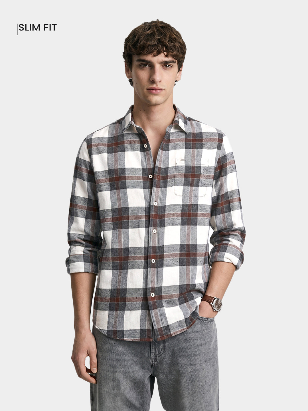 Men's Brown Slim Fit Checkered Casual Shirt