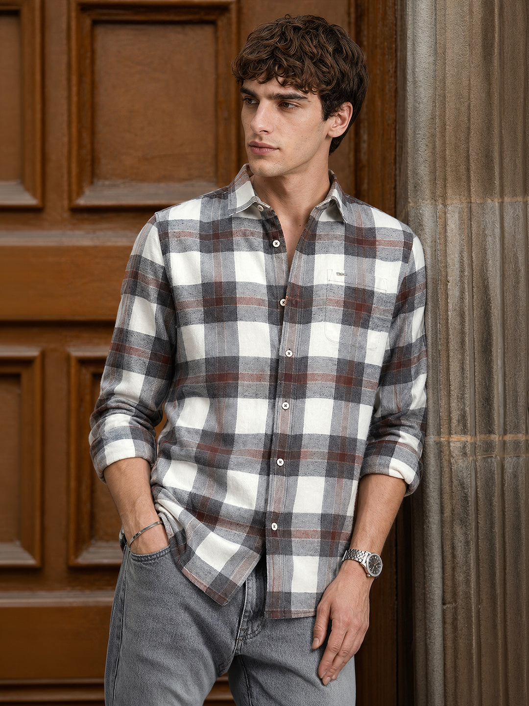 Men's Brown Slim Fit Checkered Casual Shirt