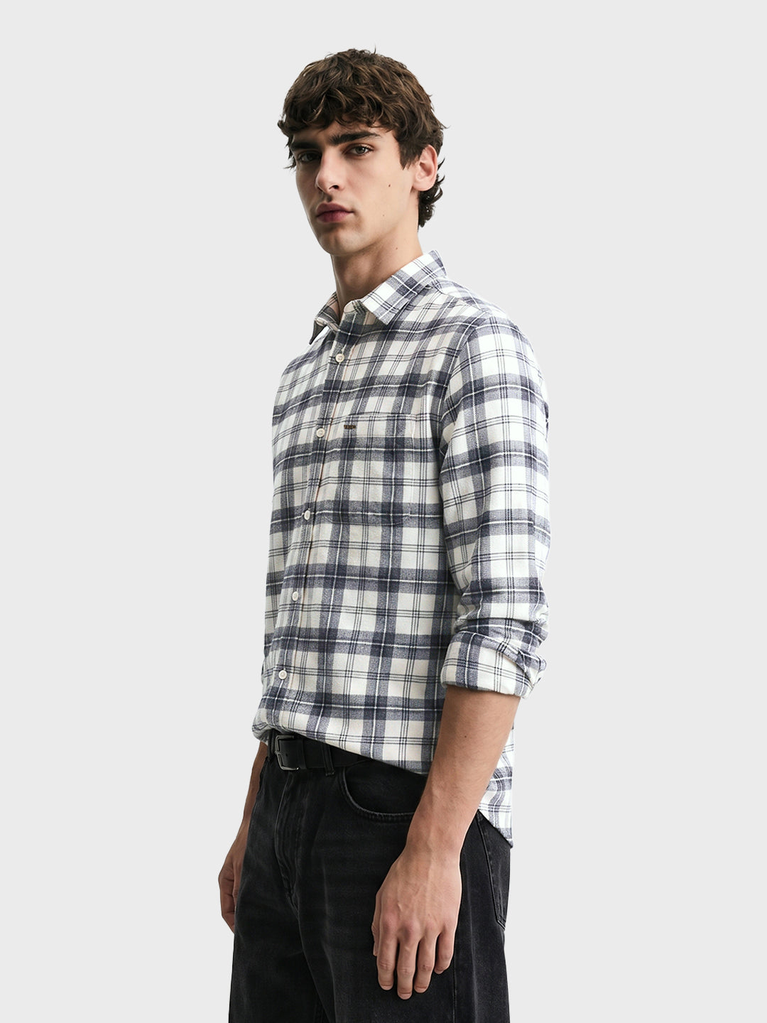 Men's Grey Slim Fit Checkered Casual Shirt