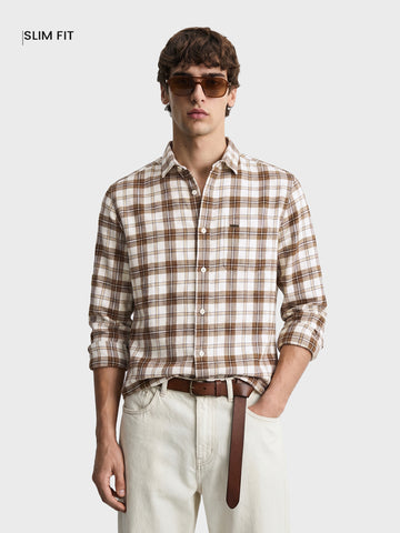Men's Brown Slim Fit Checkered Casual Shirt