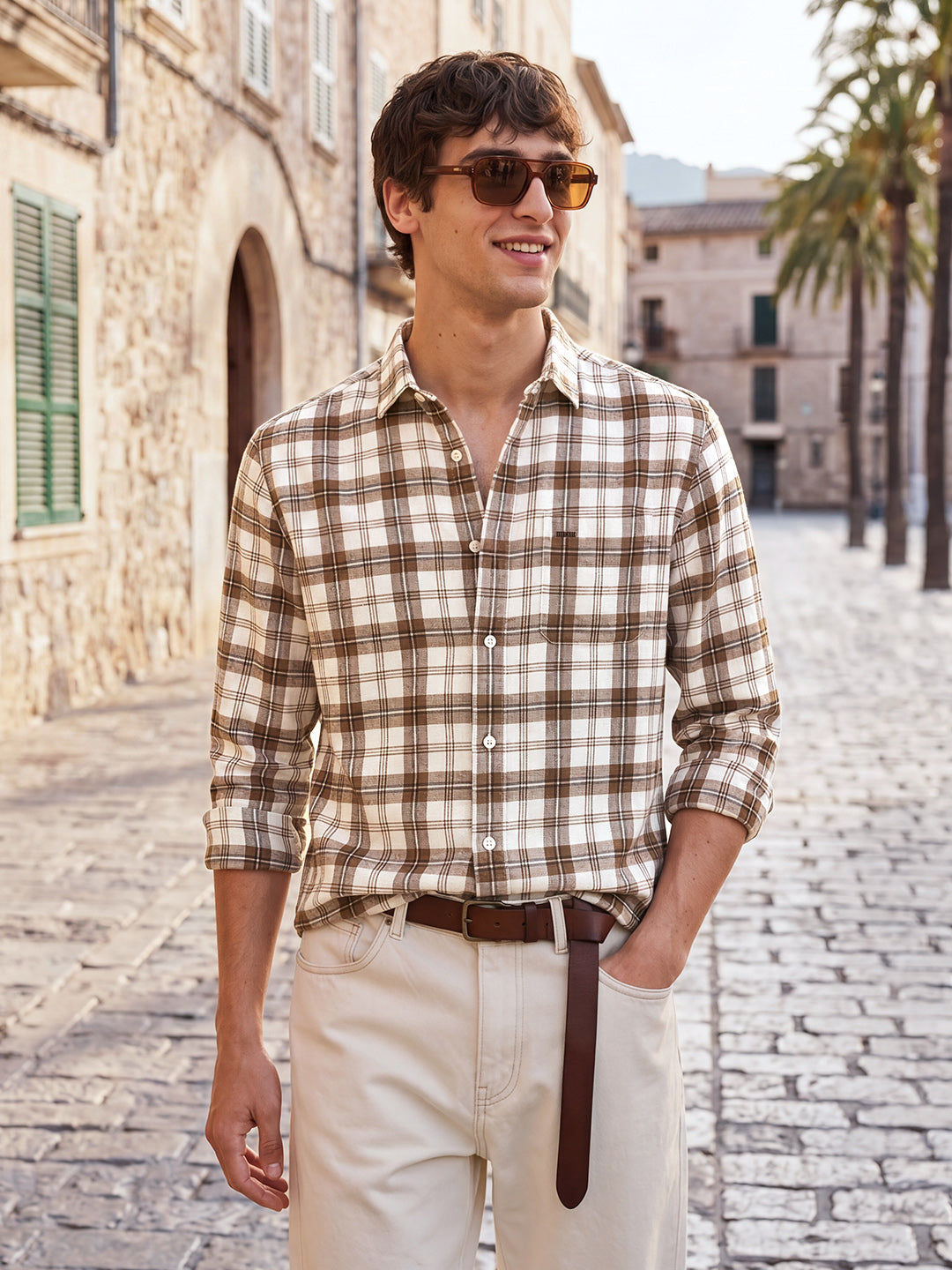 Men's Brown Slim Fit Checkered Casual Shirt