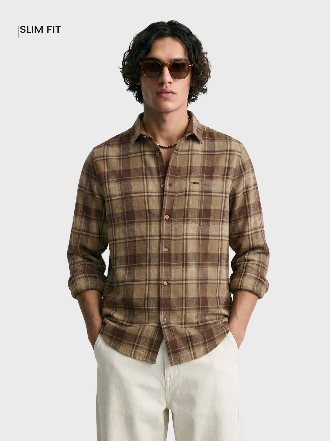 Men's Khaki Slim Fit Checkered Casual Shirt