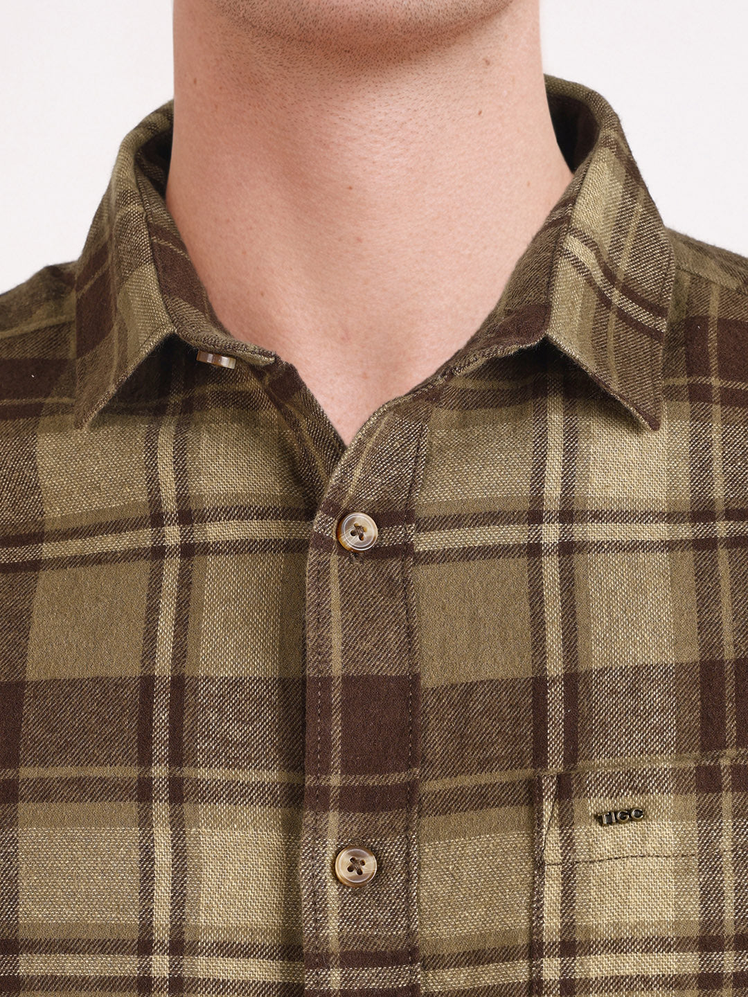 Men's Khaki Slim Fit Checkered Casual Shirt