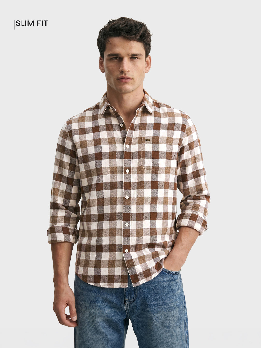 Men's Khaki Slim Fit Checkered Casual Shirt