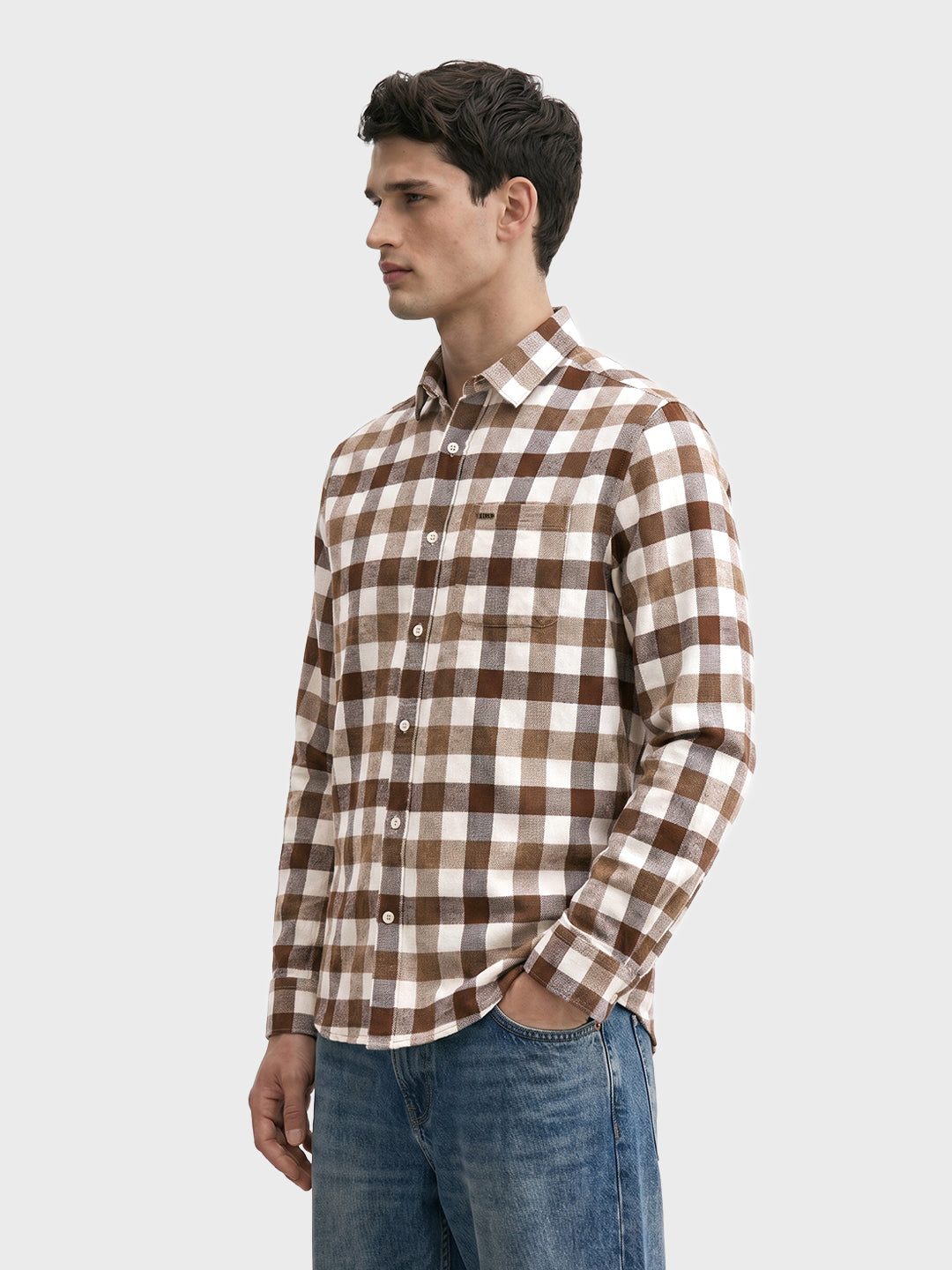 Men's Khaki Slim Fit Checkered Casual Shirt