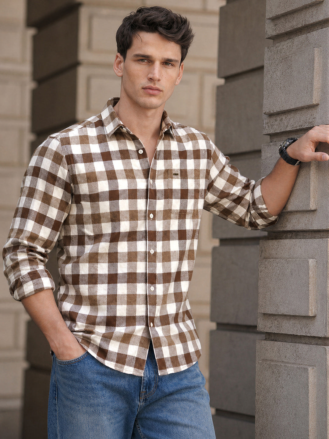 Men's Khaki Slim Fit Checkered Casual Shirt