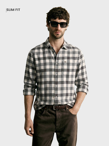 Men's Grey Slim Fit Checkered Casual Shirt