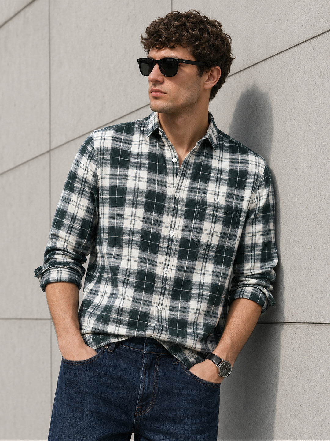 Men's Green Slim Fit Checkered Casual Shirt