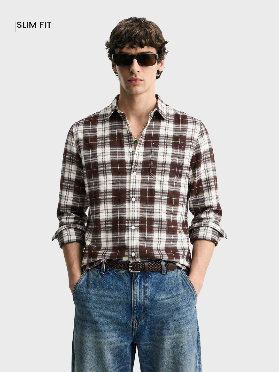 Men's Brown Slim Fit Checkered Casual Shirt
