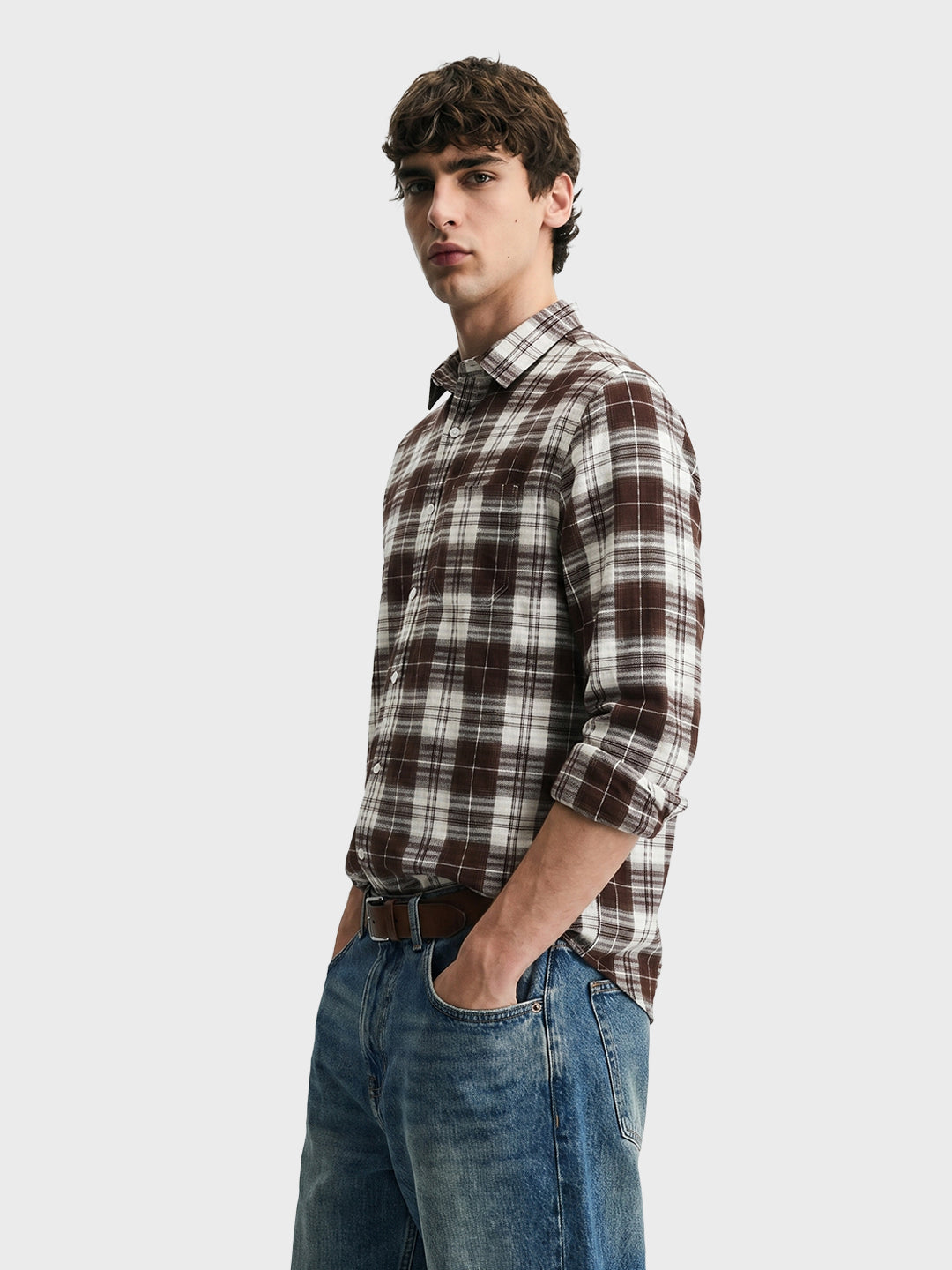 Men's Brown Slim Fit Checkered Casual Shirt