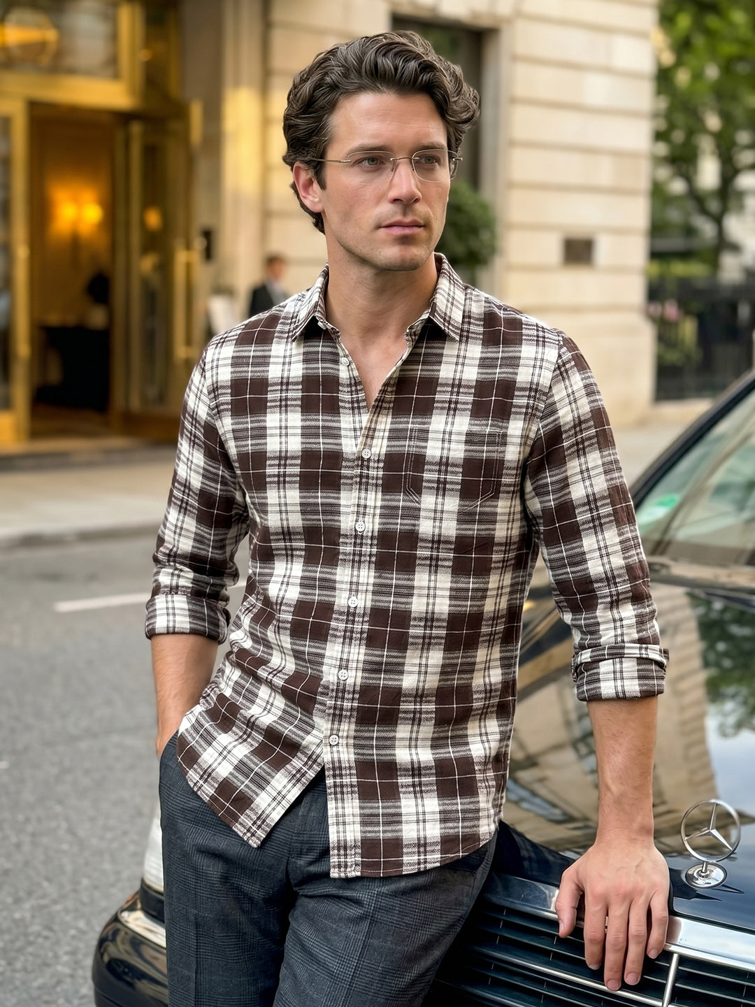 Men's Brown Slim Fit Checkered Casual Shirt