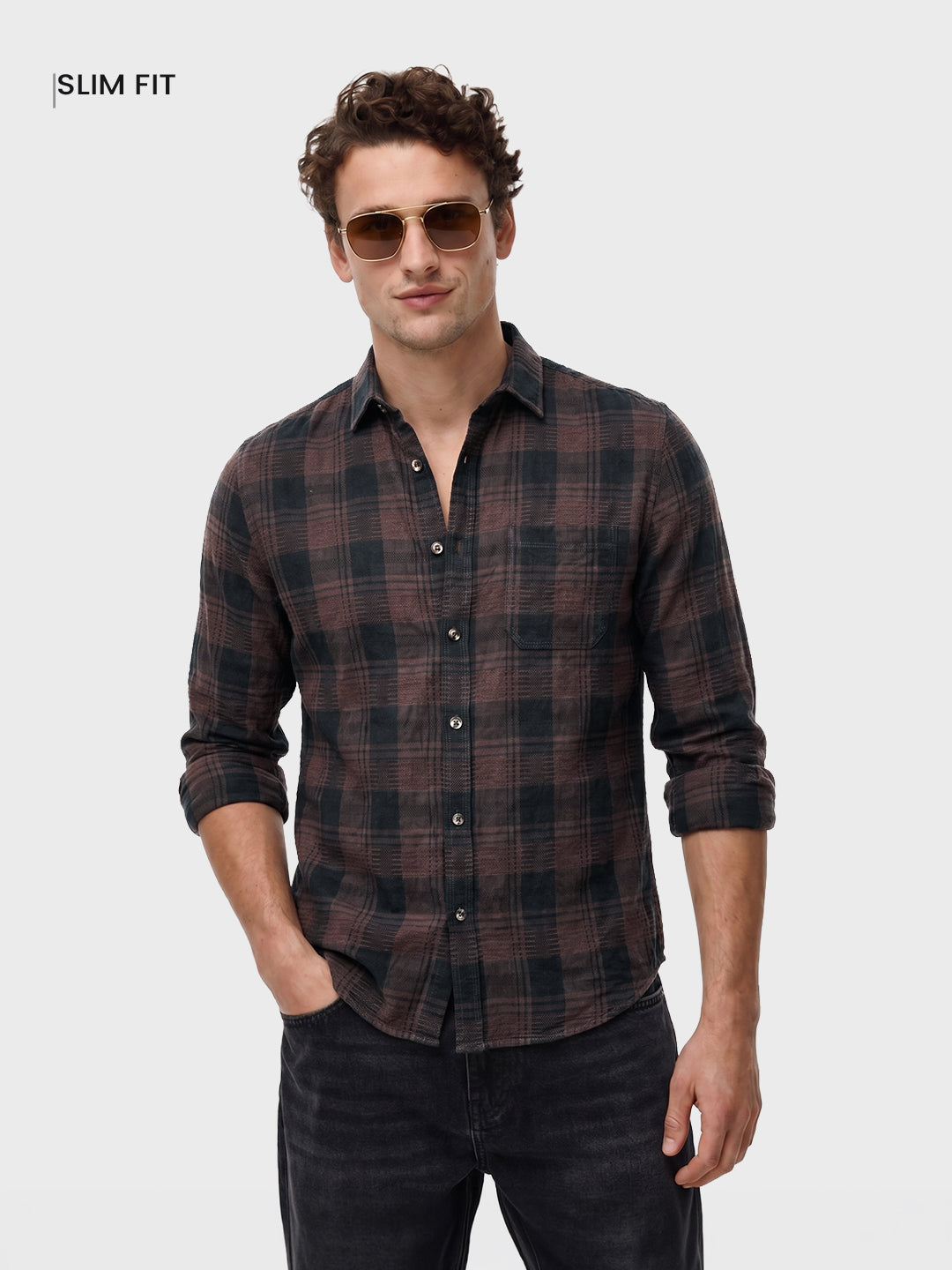 Men's Brown Slim Fit Checkered Casual Shirt