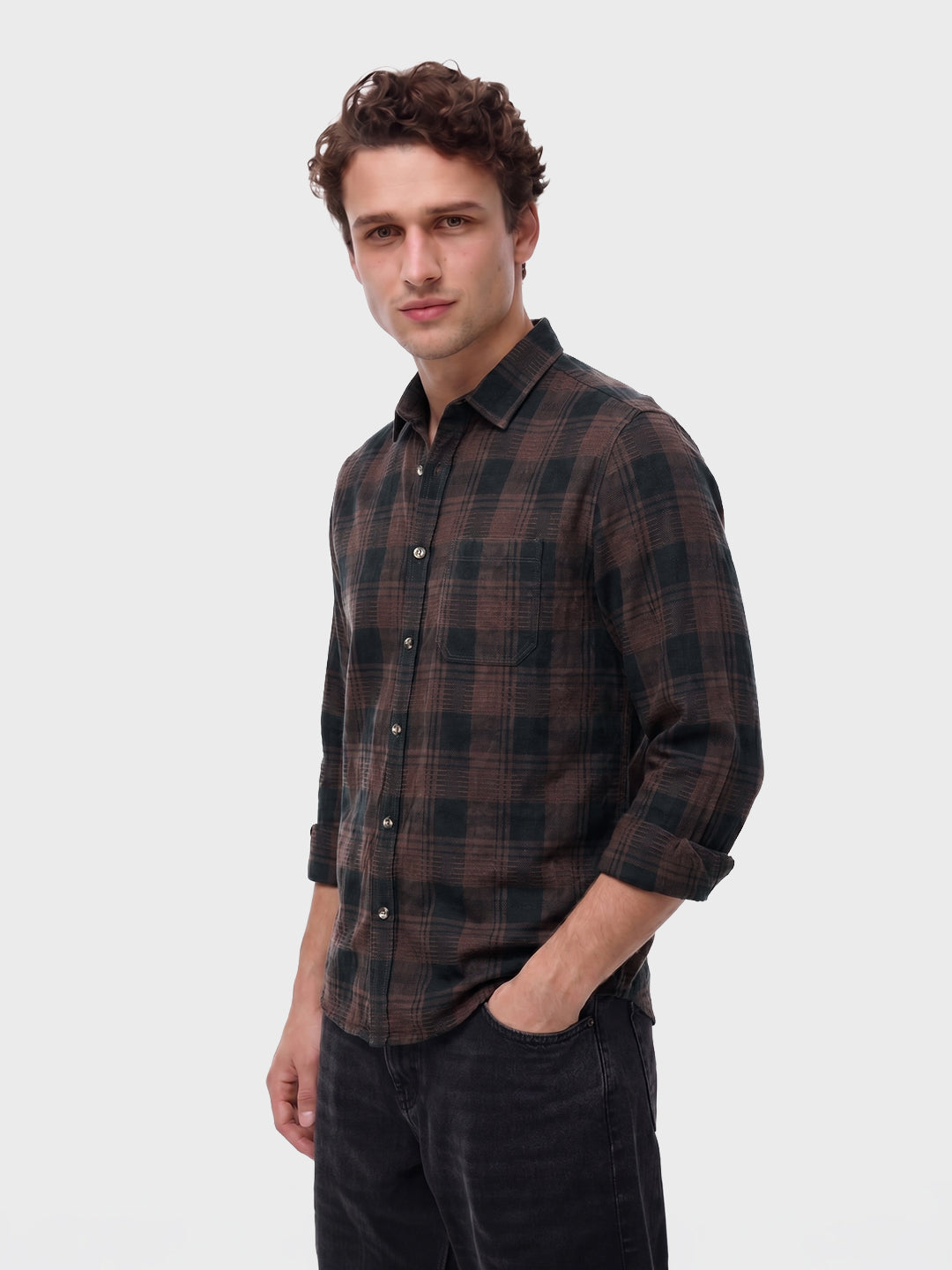 Men's Brown Slim Fit Checkered Casual Shirt