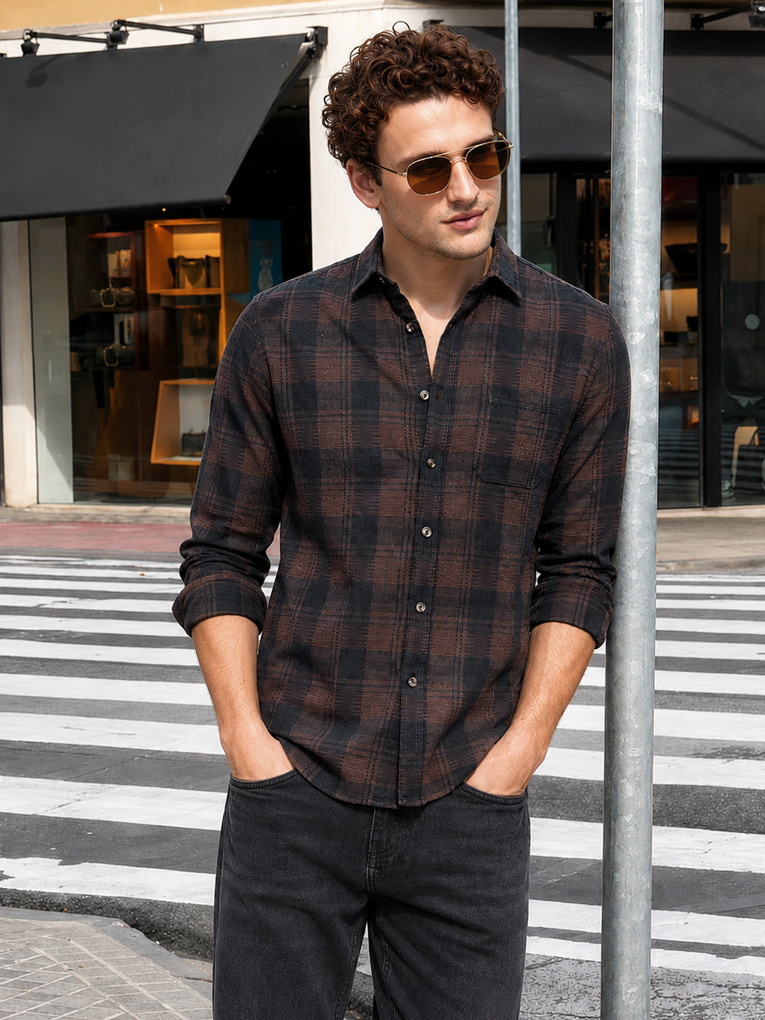 Men's Brown Slim Fit Checkered Casual Shirt