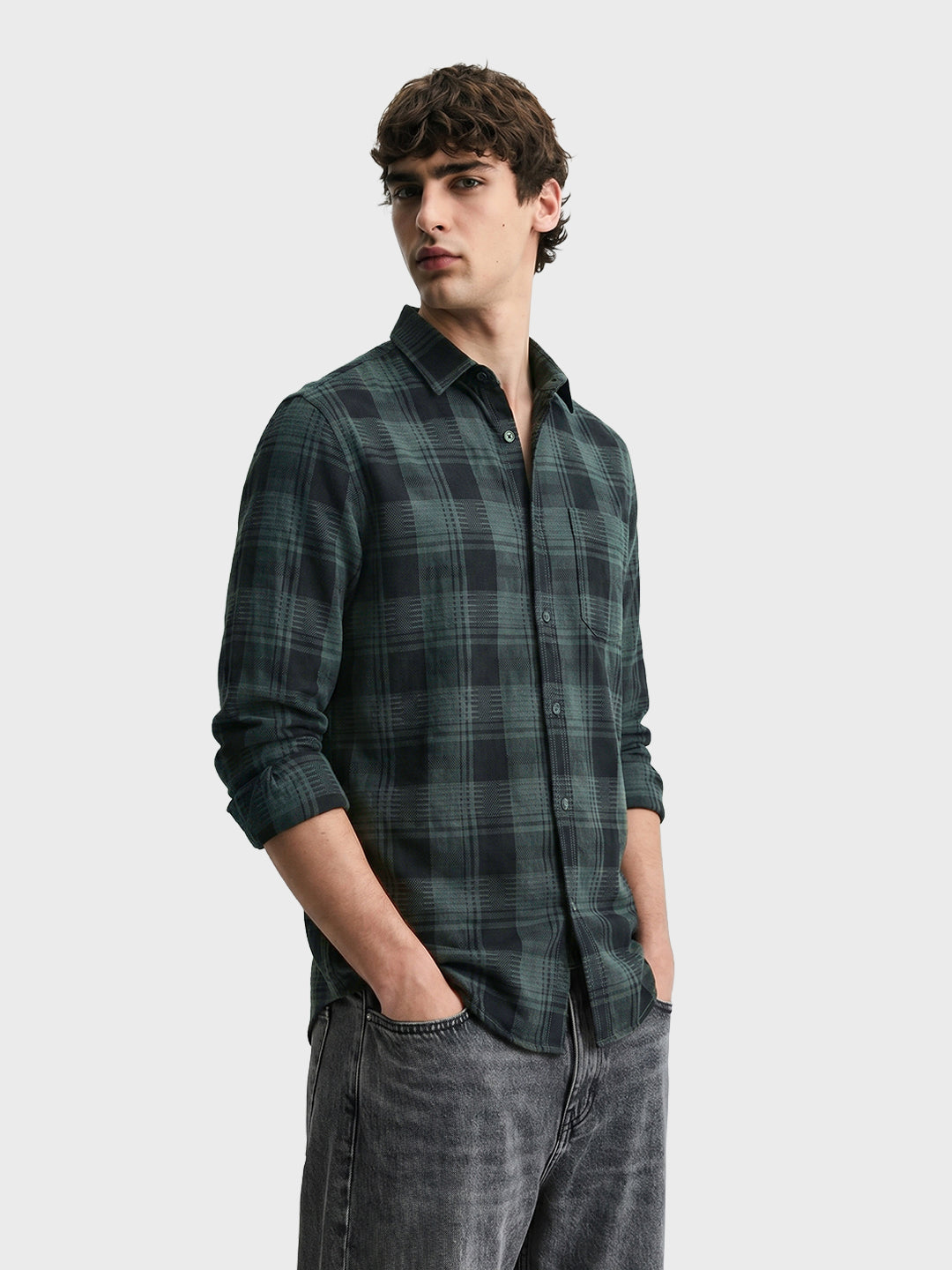 Men's Green Slim Fit Checkered Casual Shirt