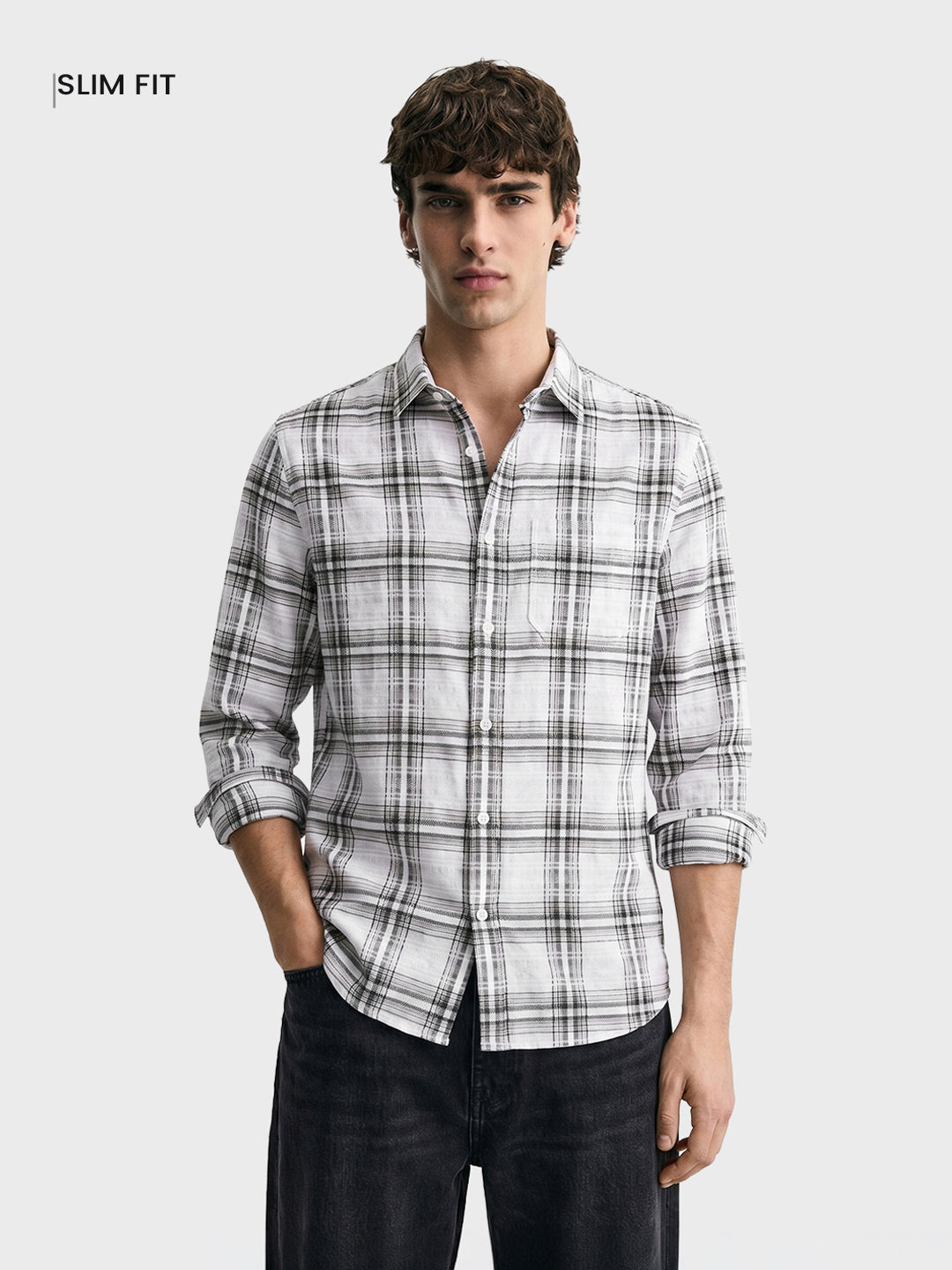 Men's White Slim Fit Checkered Casual Shirt