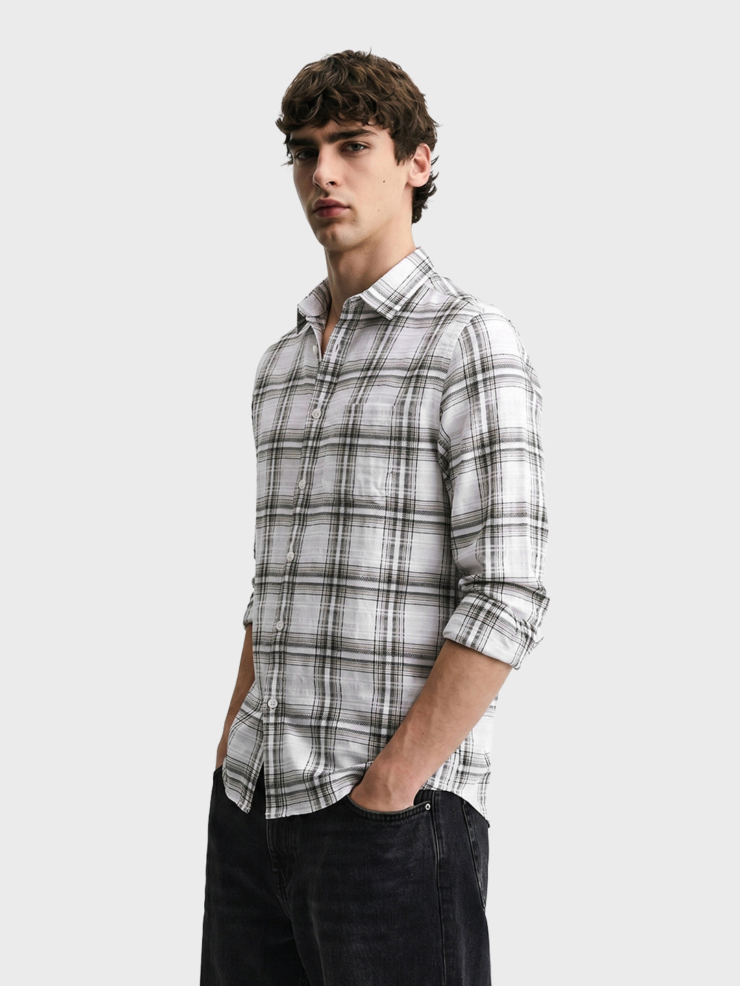 Men's White Slim Fit Checkered Casual Shirt