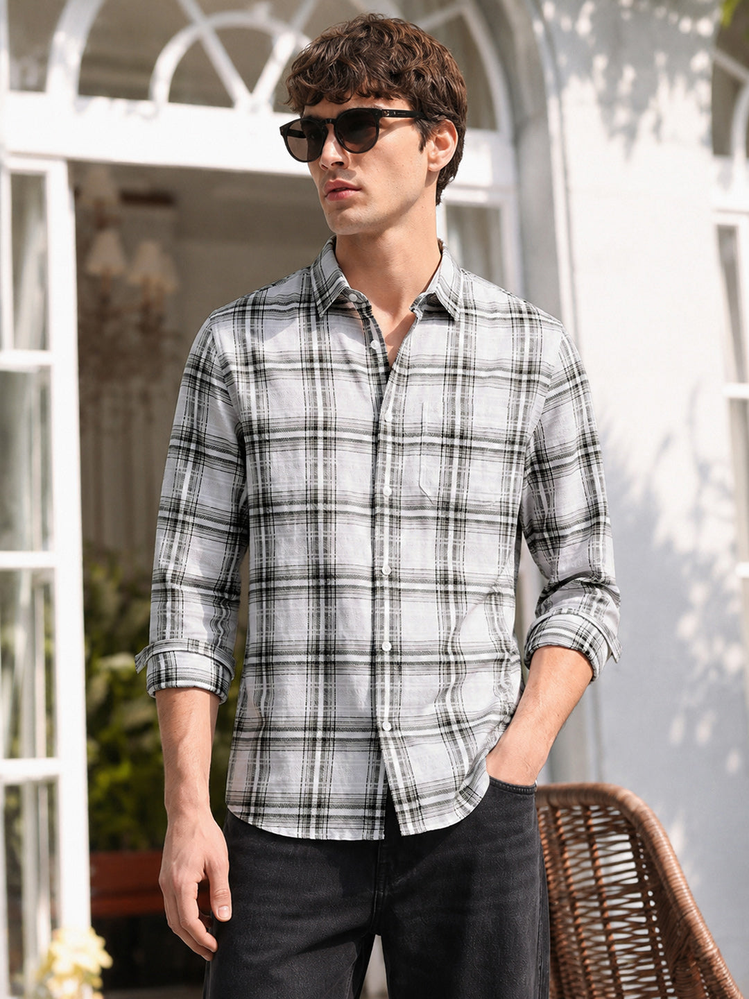 Men's White Slim Fit Checkered Casual Shirt