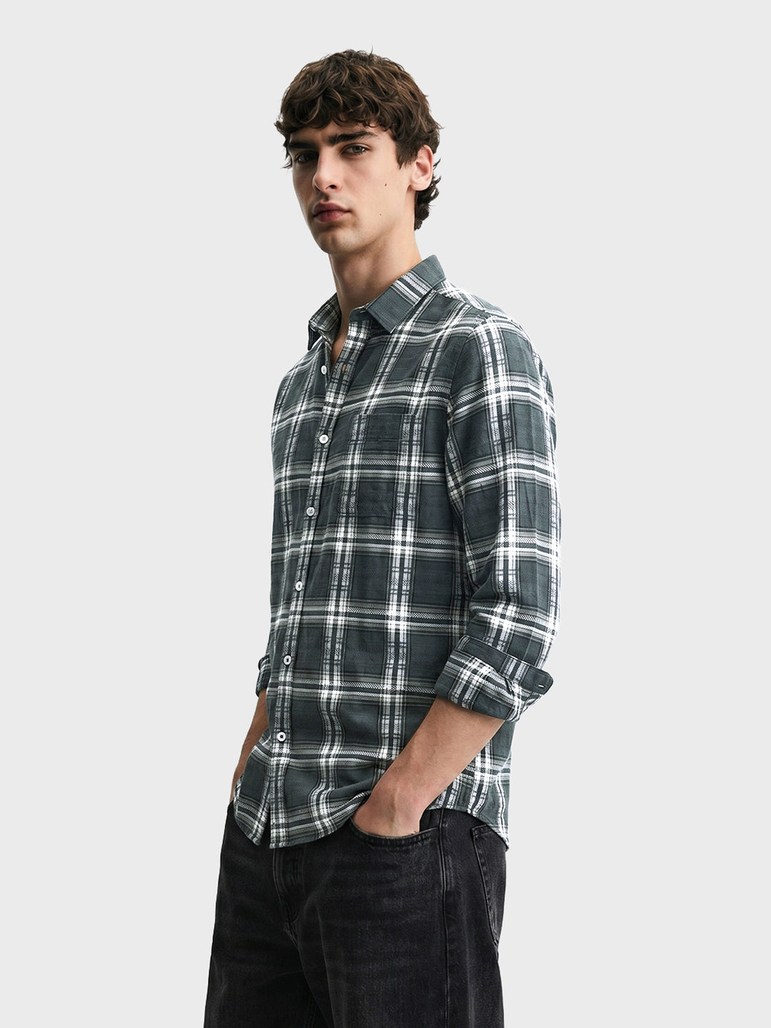 Men's Green Slim Fit Checkered Casual Shirt