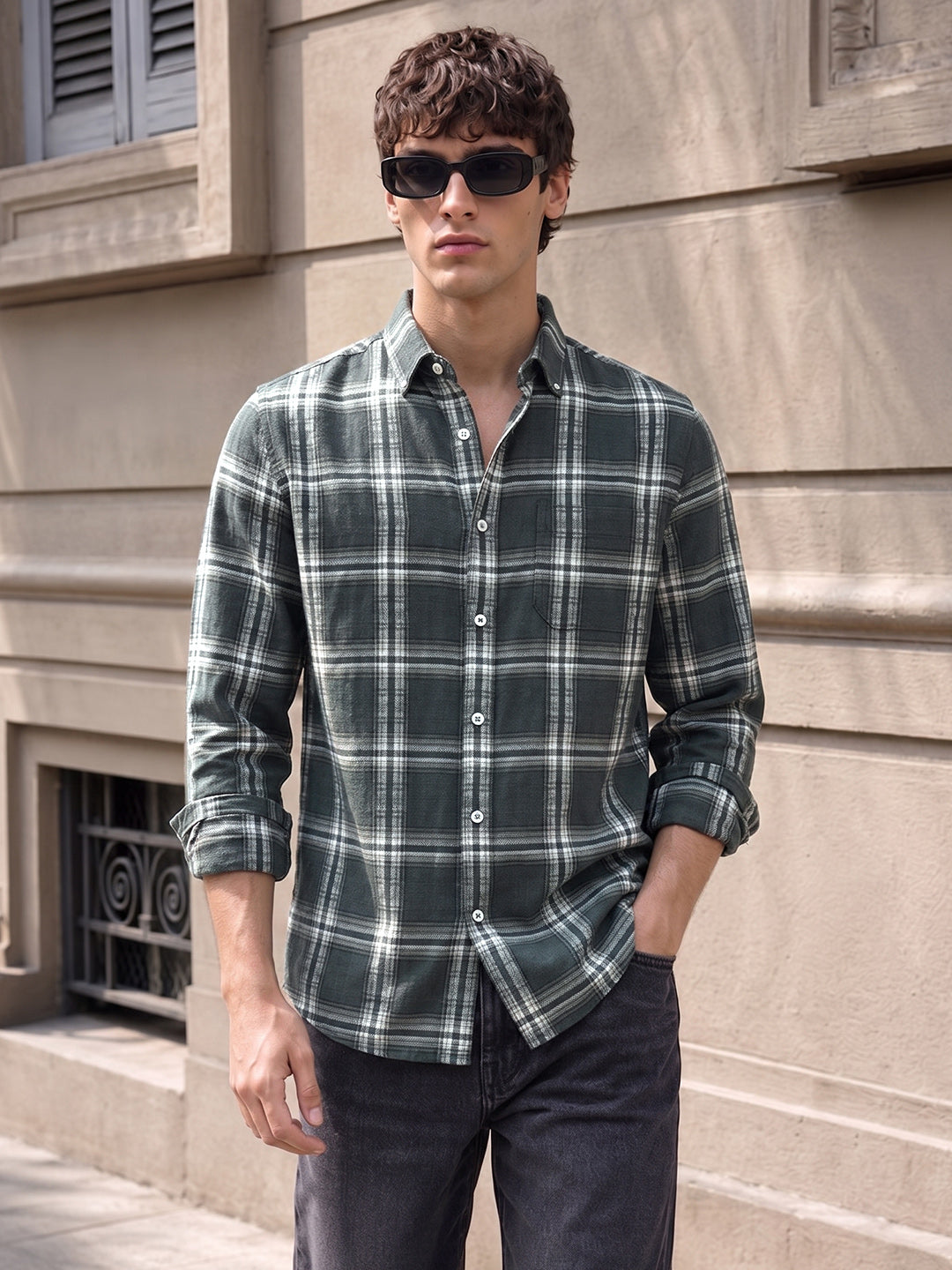 Men's Green Slim Fit Checkered Casual Shirt