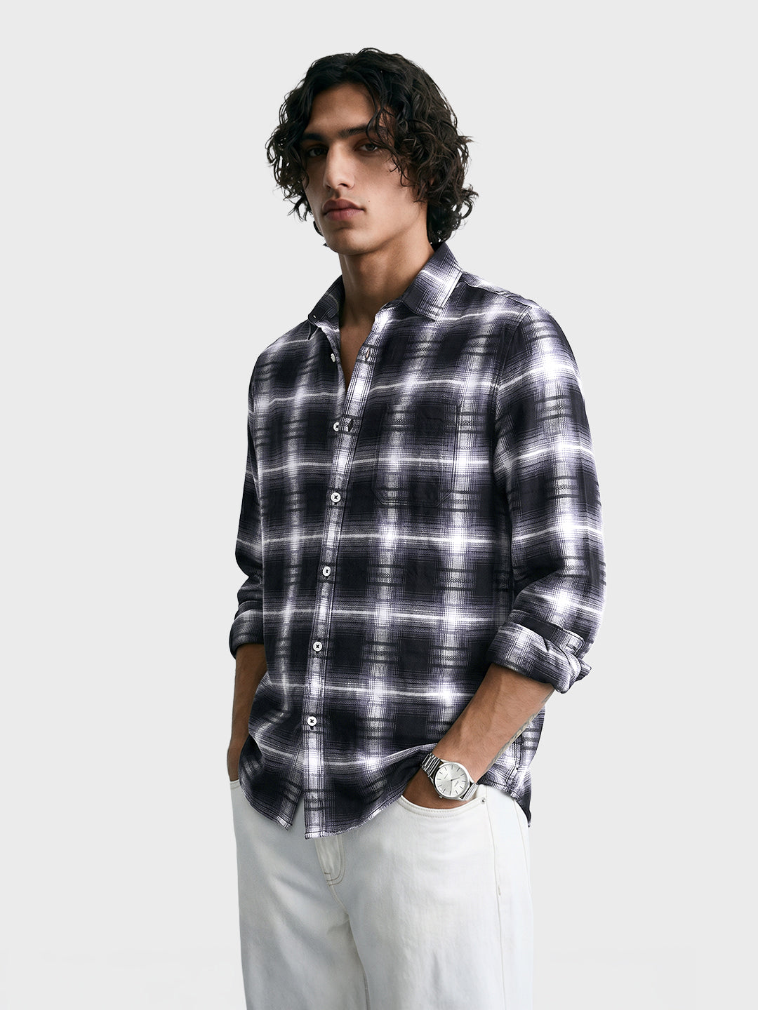 Men's Black Slim Fit Checkered Casual Shirt