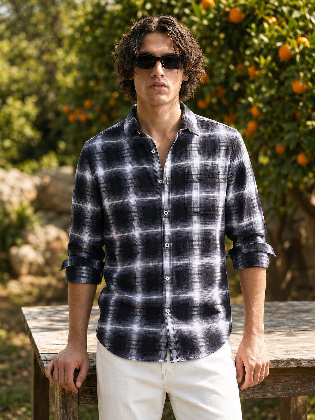 Men's Black Slim Fit Checkered Casual Shirt