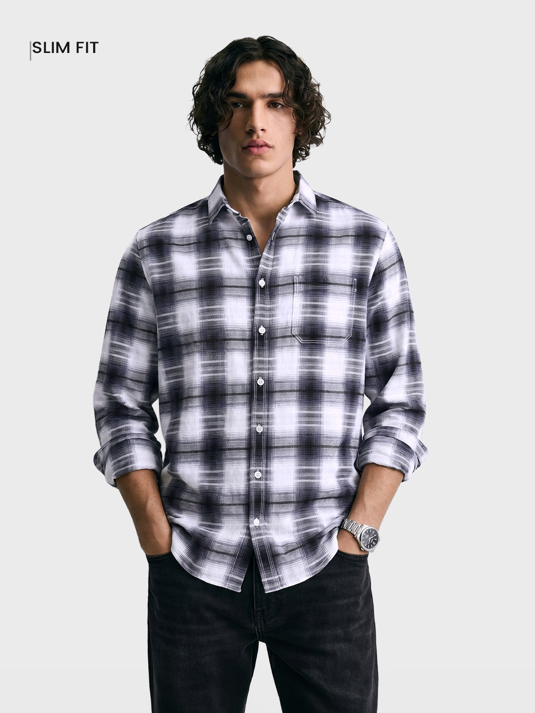 Men's White Slim Fit Checkered Casual Shirt