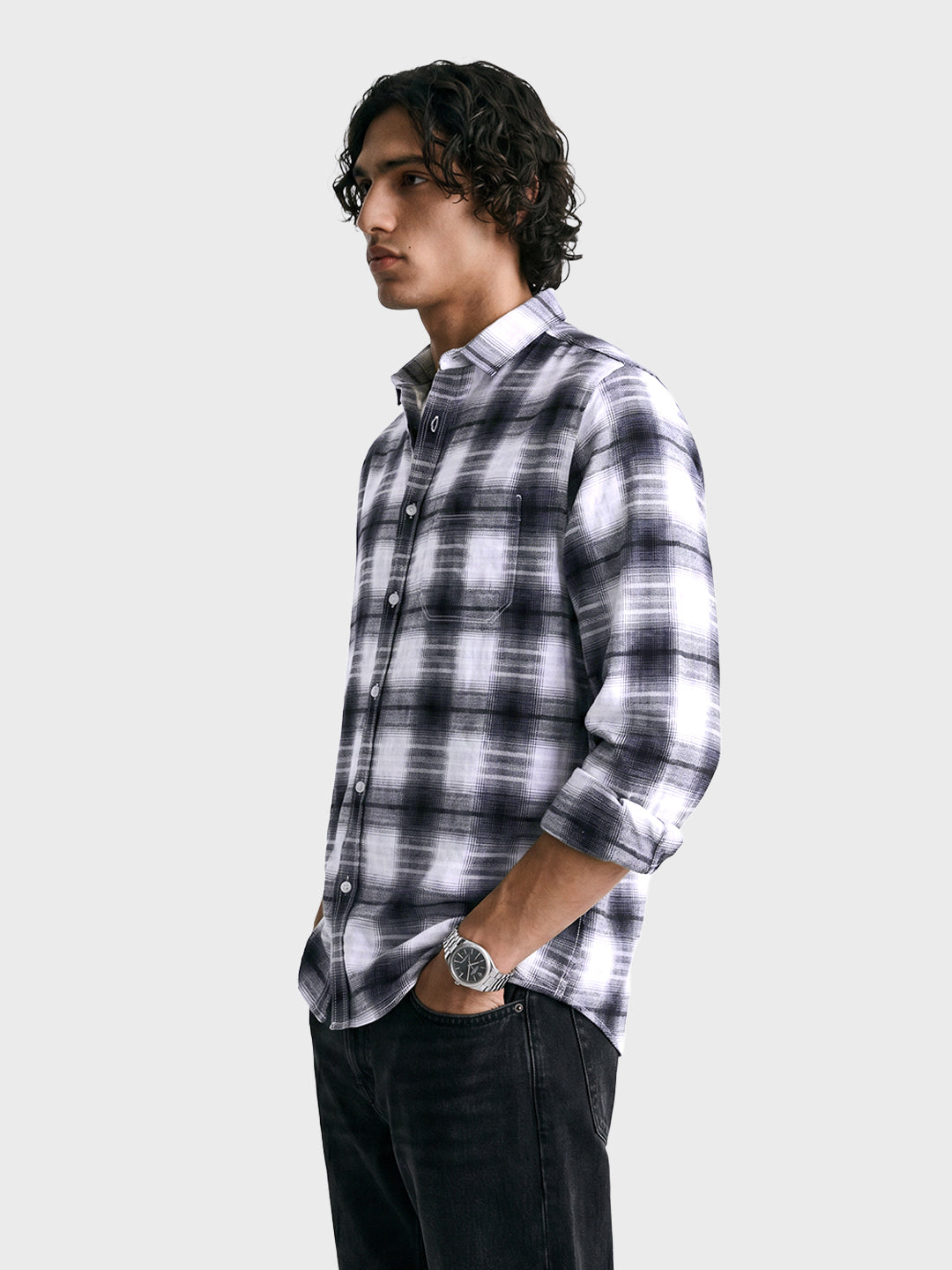 Men's White Slim Fit Checkered Casual Shirt