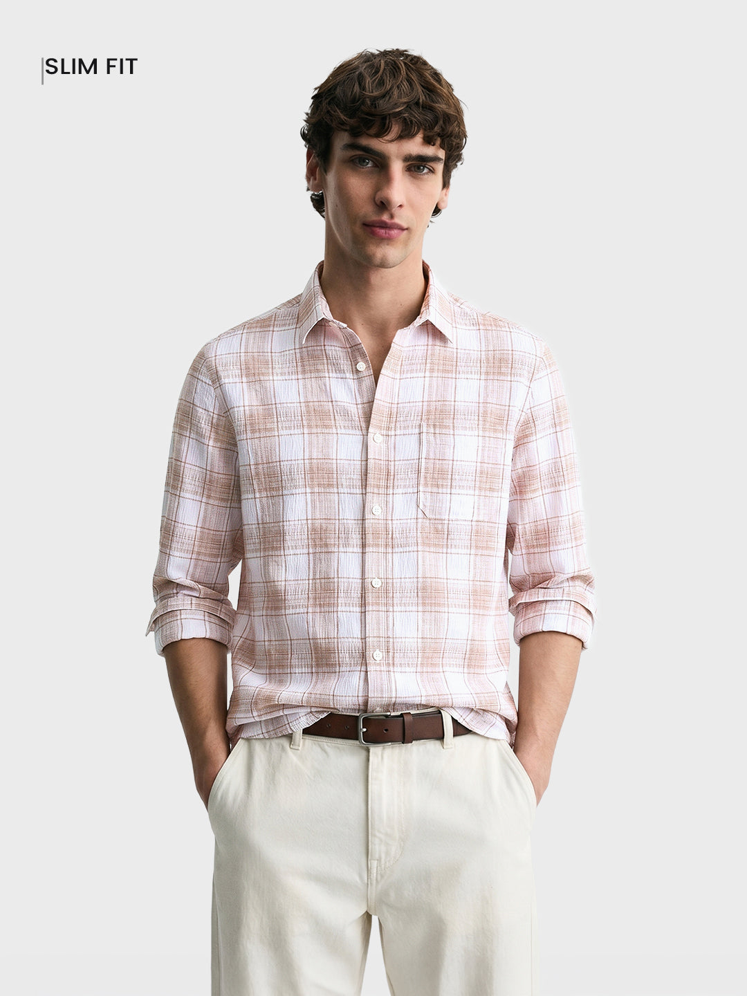 Men's White Slim Fit Checkered Casual Shirt