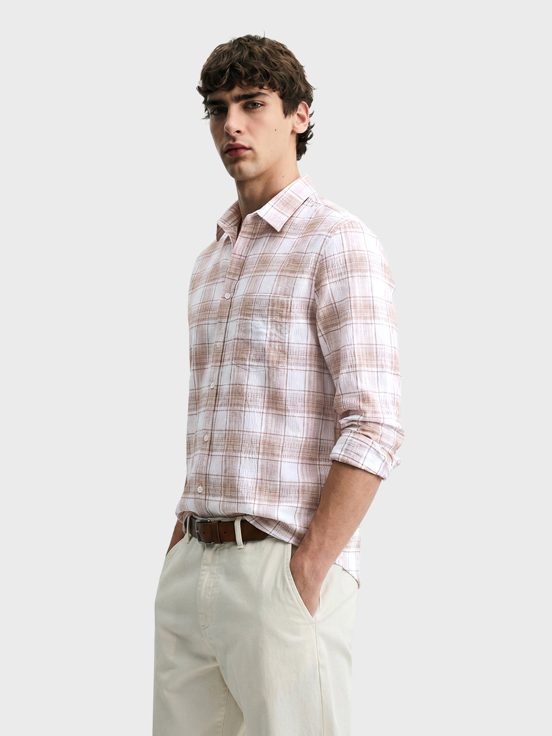 Men's White Slim Fit Checkered Casual Shirt